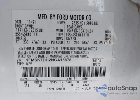2022 Ford Explorer Xlt from USA, damaged, VIN 1FMSK7DH2NGA15878
